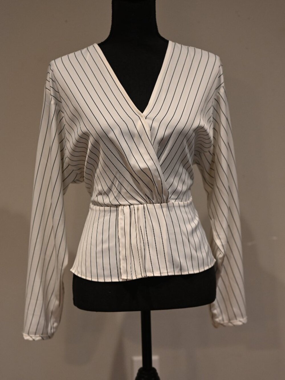 Dynamite Pinstripe Wrap Blouse Medium Black White Office Top